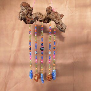 (Absolom) Driftwood Suncatcher Mobile Lapis & Carnelian gemstones glass beads